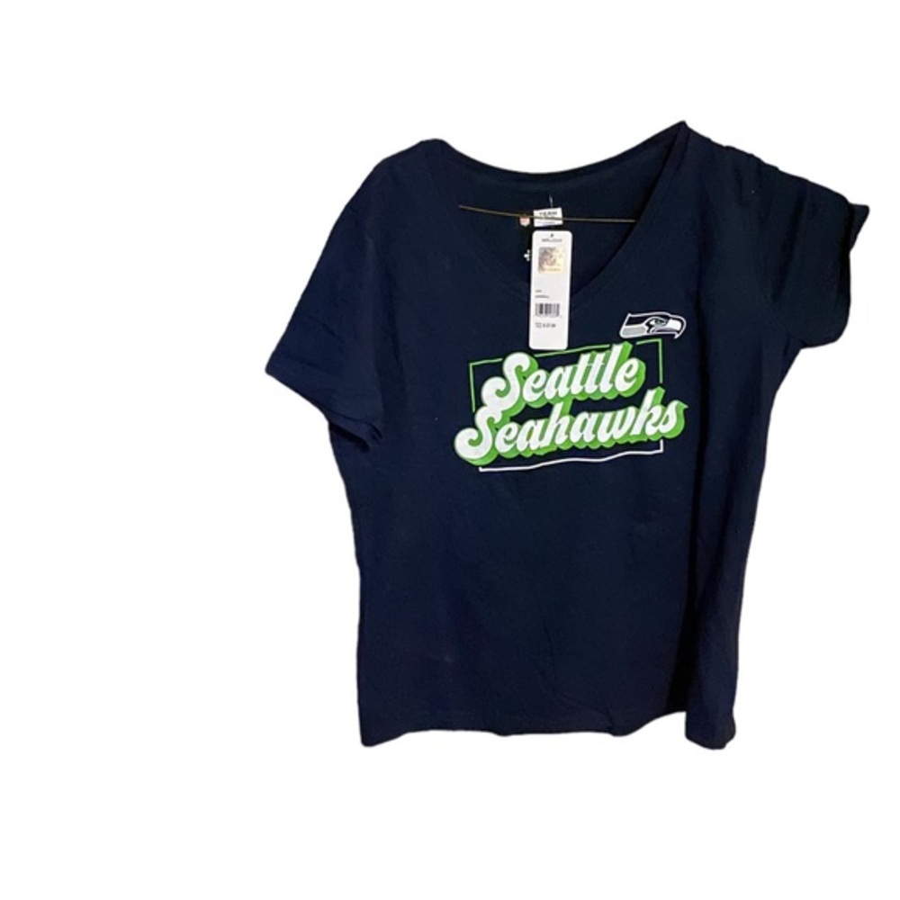 NFL Team Apparel Seattle Seahawks Graphic Short Sleeve V-Neck Top.